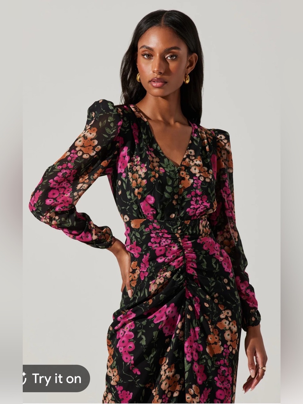 Astr Floral Ruched V-Neck Midi Dress - Black, Pink, Brown - Picture 2 of 8